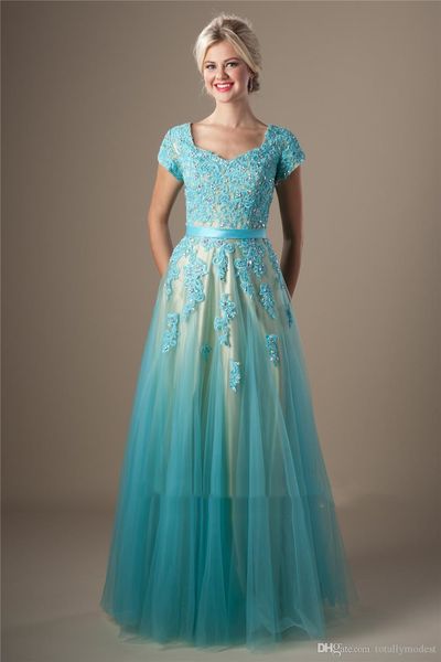 Mintfarbene, perlenbesetzte Spitze-Tüll-Bescheidene Ballkleider, lang, mit Flügelärmeln, Applikationen, elegante Ball- und Abendkleider, Teenager-High-Shcool-Partykleid