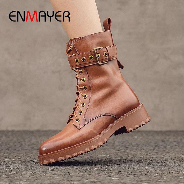 

boots enmayer 2021 lace-up motorcycle platform genuine leather fashion winter women round toe shoes 34-42, Black