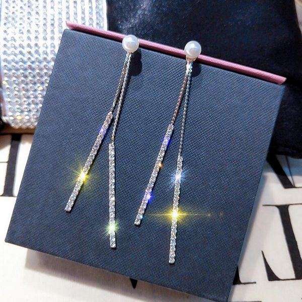 

female silver needle 925 long tassel double-sided pearl earrings temperament simple diamond earrings, Golden;silver