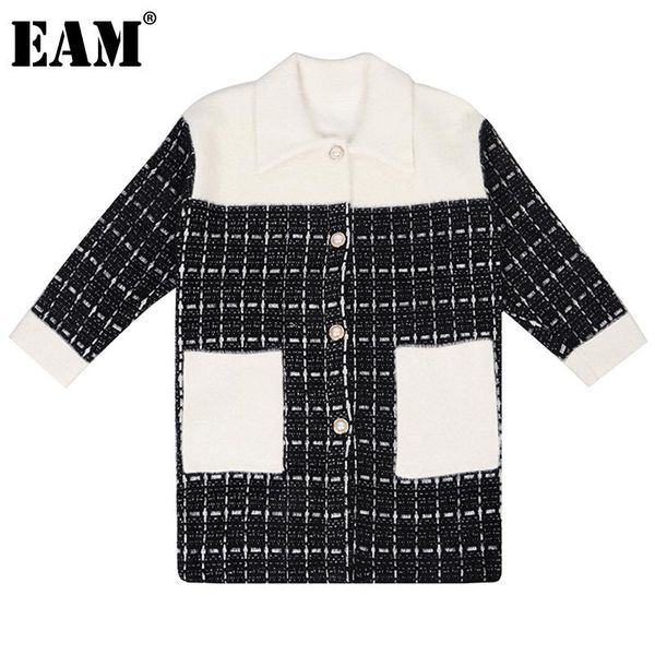 

women's wool & blends [eam] loose fit black plaid spliced tweed woolen coat parkas long sleeve women fashion tide autumn winter 2021 1d