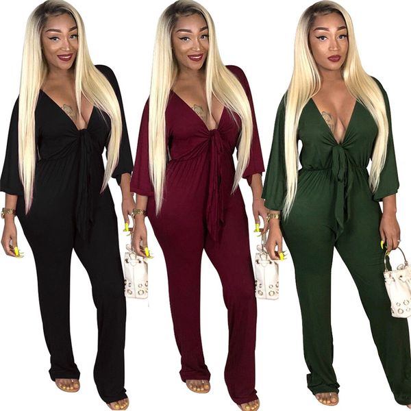 

women deep v-neck jumpsuits lace up solid color long sleeves jumpsuit, Black;white