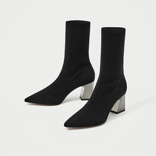 

boots sharp high with elastic force socks and silver coarse short 20211, Black