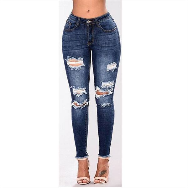 

2020 womens stretch skinny ripped hole washed denim jeans female slim jeggings high waist pencil pants trousers, Blue