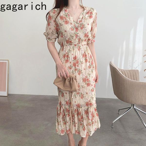 

gagarich women chiffon dress elegant short sleeve korean style slim fit v-neck floral ruffles vestido ladies fashion wear1, Black;gray