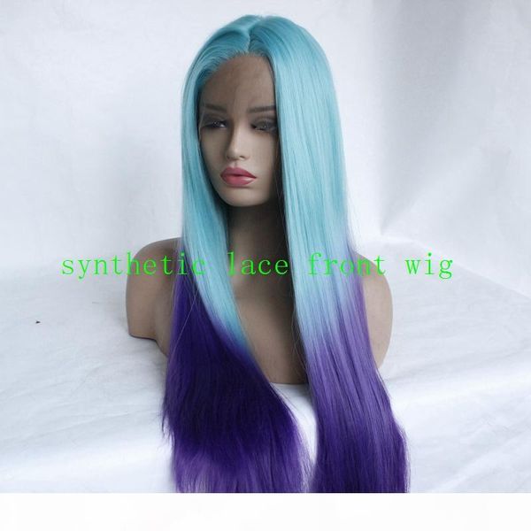 

26 inches part wig wholesale wigs ombre blue purple silky straight synthetic lace front wig purple roots, Black