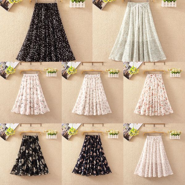 

new summer vintage skirts women casual chiffon print beach boho skirt female elegant saia elastic high waist pleated skirt women q1209, Black