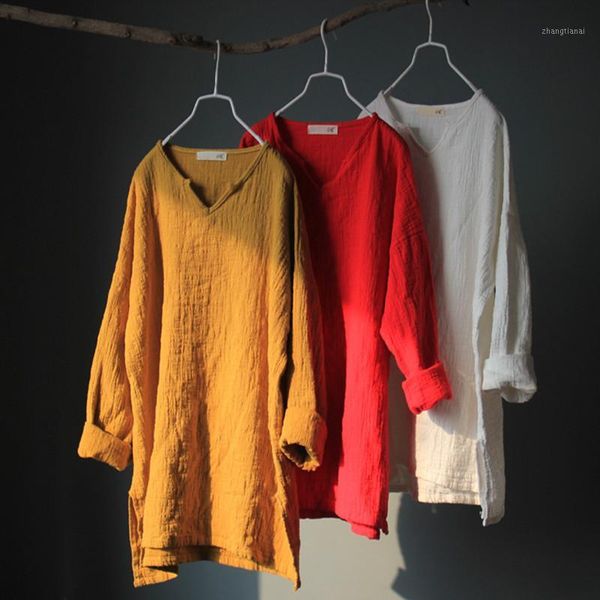 

blusen women 2020 spring fall new linen shirt women solid color vintage blouse pullover long sleeve lapel loose plus size shirt1, White