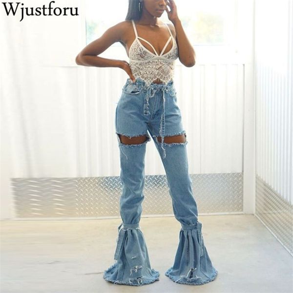 

wjustforu fashion patchwork ripped flare jeans women high waist skinny hole long pants female bandage club hollow out denim pant y200417, Blue