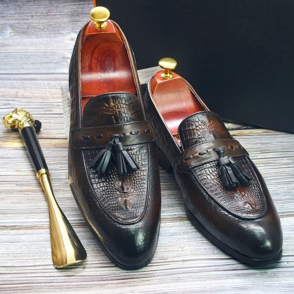 

size 6-11 fashion of men moccasins genuine leather penny loafers casual business crocodile print wedding shoes, Black