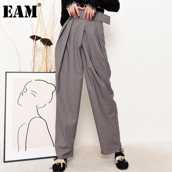 

eam] high waist gray pleated long wide leg leisure trousers new loose fit pants women fashion tide spring autumn 2021 1t73502, Black;white