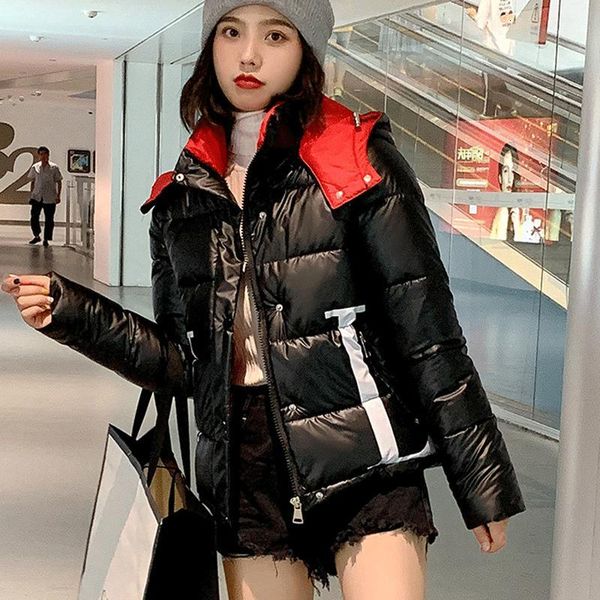 

thick hooded coat warm winter coat women short bright leather pink korean cotton coats parkas women winter jacket parka xl1, Black