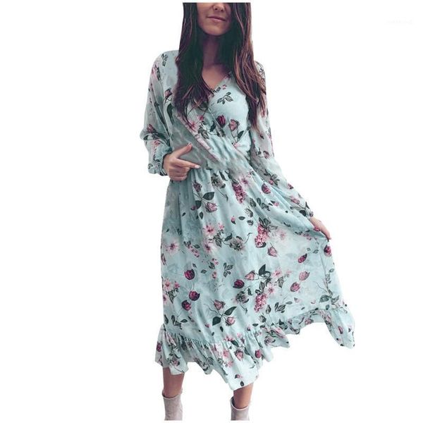 

bohemian style women's chiffon dress waist thin slimming dress v-neck flower printed mid-calf length summer #lr21, Black;gray