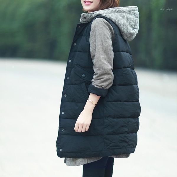 

mevgo2019 new woman long hooded warm winter vest cotton quilted plus size loose autumn femme vest sleeveless hd25941, Black;white