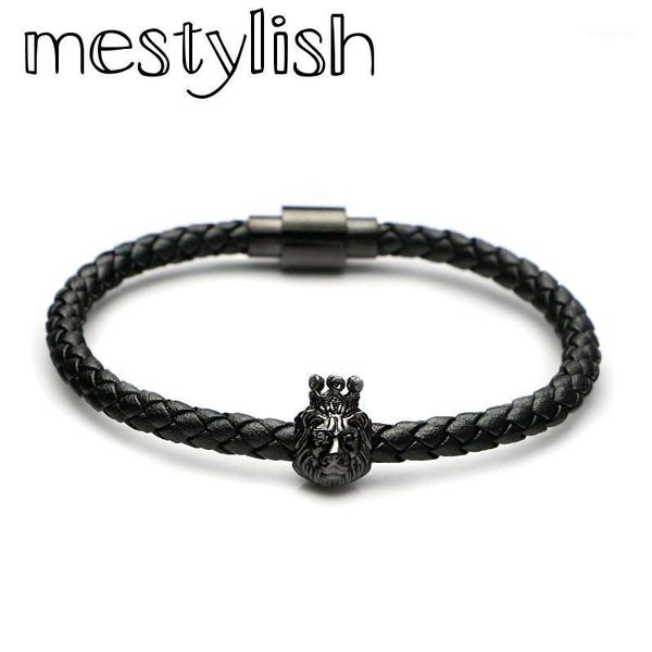 

mestylish lion crown charm bracelet braided genuine leather king lion bracelet stainless steel megnetic clasp men bangles1, Golden;silver