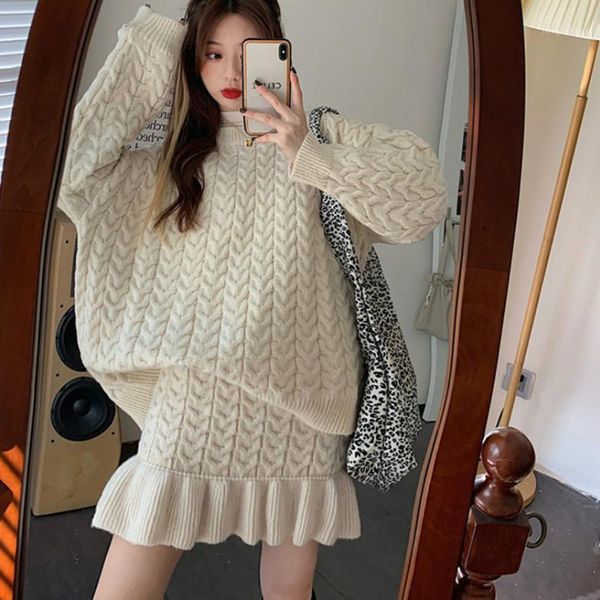 

autumn winter women sweater two piece knitted skirt sets loose tracksuit spring fashion pullover sweater +short skirts suit1, Gray