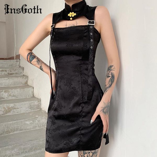 

insgoth vintage bodycon mini dress women gothic punk print bandage hollow out black dress female slit party dresses1, Black;gray