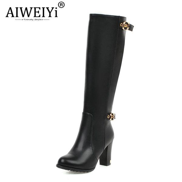 

boots aiweiyi western cowboy women's retro square high heels knee-length ladies knight, Black