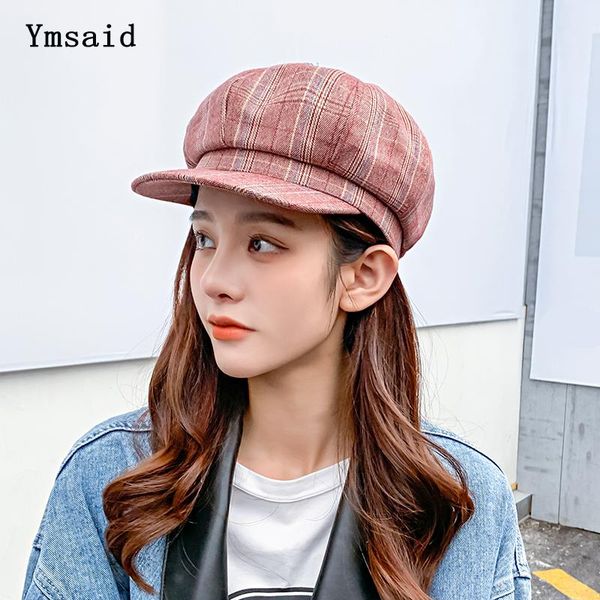 

berets beret cap 2021 spring autumn hat women england vintage octagonal sboy ladies plaid artist painter, Blue;gray