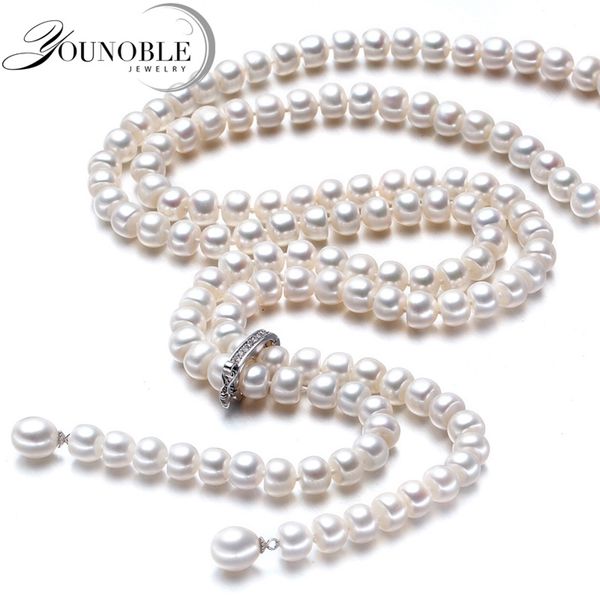 

900mm vintage real long pearl necklace women,girls jewelry 925 silver natural bridal freshwater white pearl necklaces mother 201223