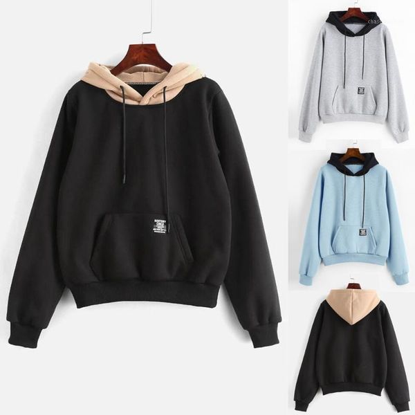 

2019 new women hoodies sweatshirts women long sleeve pocket patchwork pullover strappy hoodie sweatshirt blouse, Black