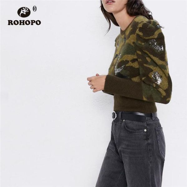 

women's sweaters rohopo round collar puff long sleeve sweater camo dobby sequined patchaork cuff and hem crop pullover knitted wear #9, White;black