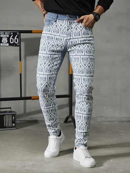 

men random geo print jeans 25oh#, Blue