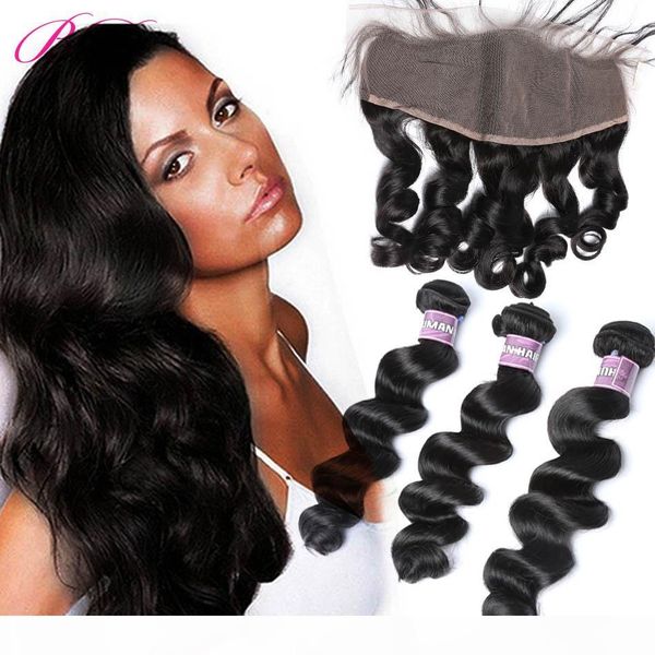 

bd loose wave lace frontal human hair extensions loose wave bundles with lace closure bady hair, Black;brown