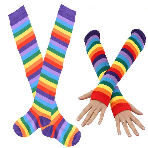 

five fingers gloves lolita colorful rainbow stockings striped high thigh knee socks arm warmer halloween costume party cosplay holiday gift, Blue;gray