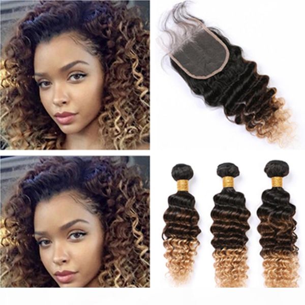

three tone ombre hair extensions with closure #1b 4 27 honey blonde ombre peruvian deep wave weaves human hair 3bundles with closure, Black;brown