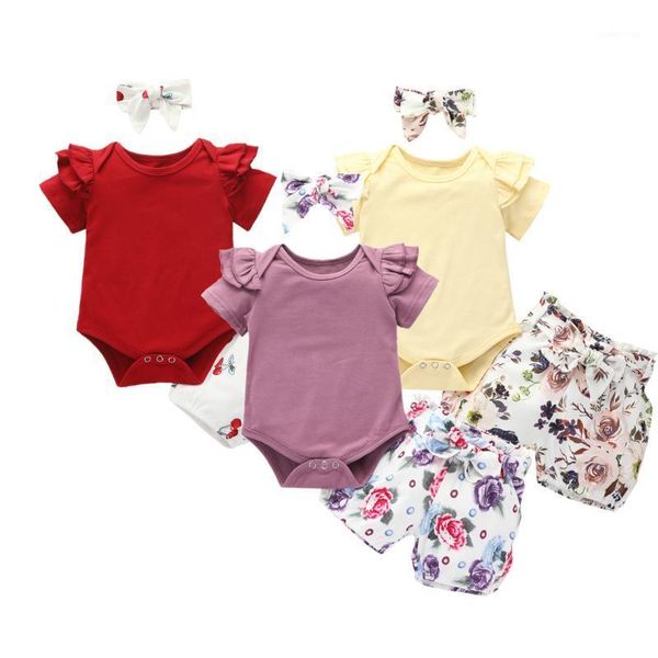 

summer newborn infant baby girls ruffled short sleeve romper floral shorts+bow headband 3pcs 100% cotton outfit sets1, White