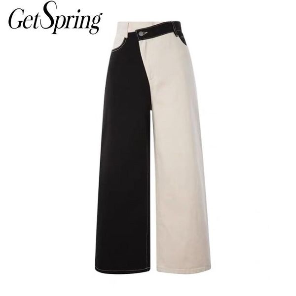 

getspring women jeans black white color matching high waist jeans pants women asymmetry vintage casual denim pants 2020, Blue