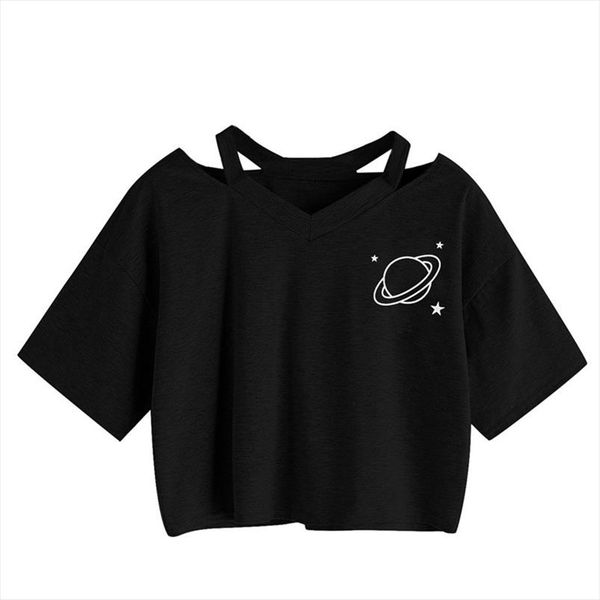 

2021 summer crop t shirts for women planet print korean fashion short sleeve sheathy tee clothing p3, White