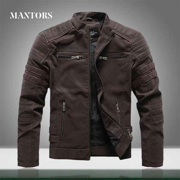 

mens leather jacket casual autumn winter stand collar men motorcycle jackets fleece zipper pu leather coats 201104, Black;brown