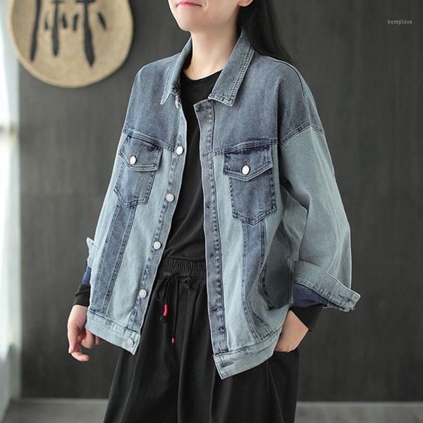 

johnature 2020 autumn new retro patchwork pockets turn-down collar single breasted denim coats leisure all-match women jacket1, Black;brown