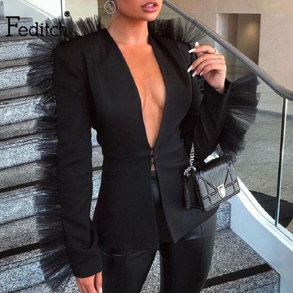 

feditch 2020 summer mesh ruffle two piece set work and shorts elegant 2 piece set women long sleeve 2 outfits1, White
