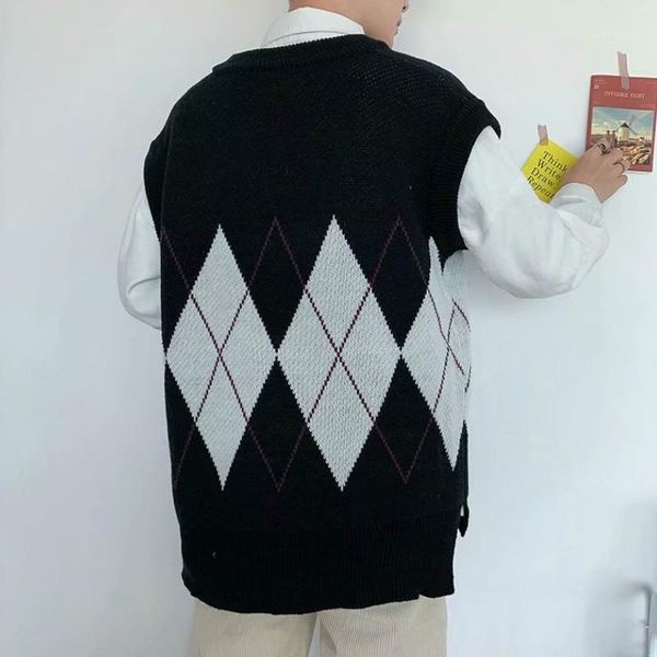 

sweater vest men patchwork v-neck sleeveless sweaters chic preppy style side-slit couples teens waistcoat retro new1, Black;white