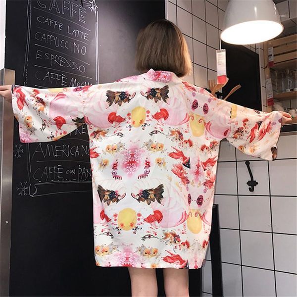 

women shirt japanese kimono harajuku ukiyo-e printig blouse loose casual cardigan summer fashion women outwear1, White