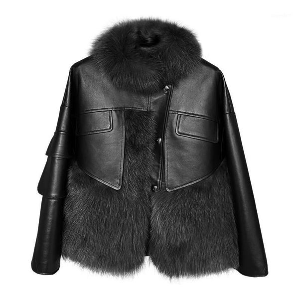 

perhaps u women white beige black green faux fur jacket outwear button warm thick solid leather patchwork c04981