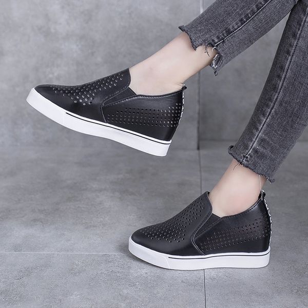 

plus size women loafers increasing slip on shoes hollow out loafer platform shoes woman cut-outs white black sneaker 7973n #se3f