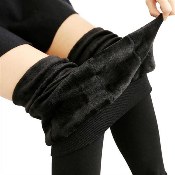 

2020 high elastic waist winter plus velvet thicken womens warm pants warm super elastic faux velvet winter thick slim leggings, Black