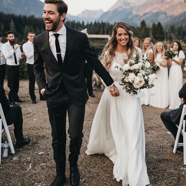 

two piece country wedding dresses a line lace long sleeve chiffon boho beach wedding gowns bride dress vestidos de novia 2021 cheap, White