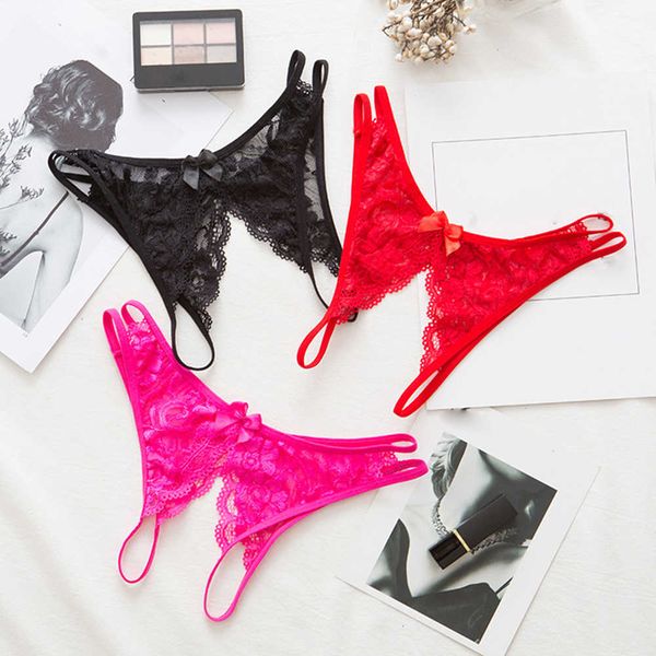 

female underwear lace seamless thongs women's pearl g-string women crotchless breathable sleepwear summer cool, Black;pink