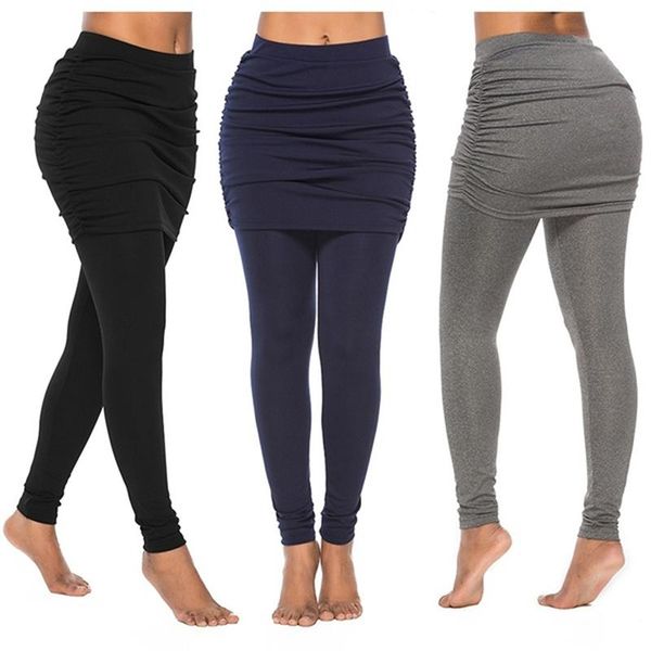 

high waist leggings 2021 running pants womenwrap hip side pleated skirt fake two pieces skirted leggings yoga pants, White;red