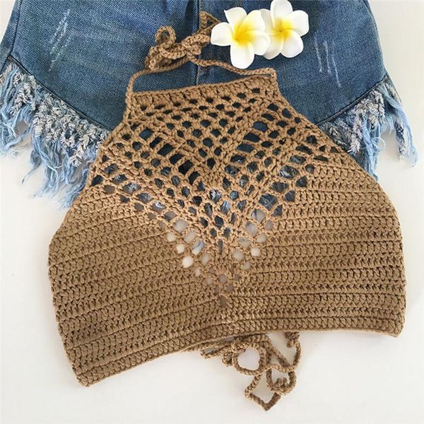 

women summer short vest hollow out plain white halter strap crop crochet bikini tank shirt sale
