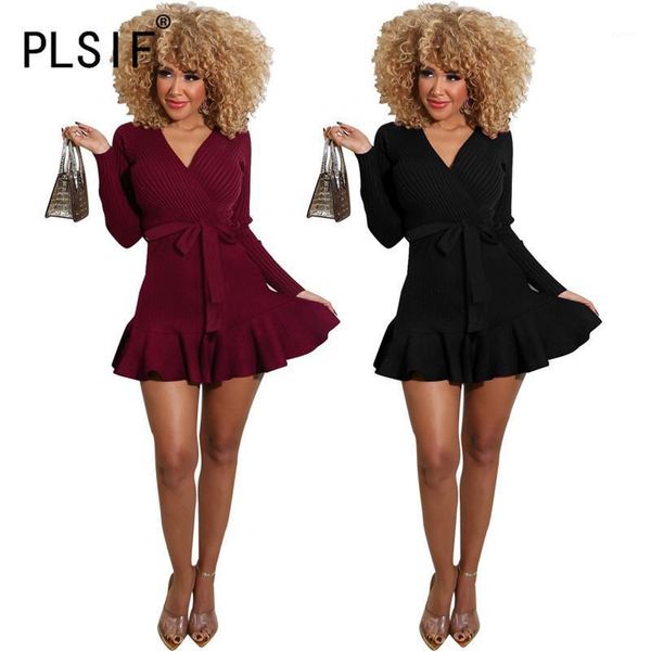 

v neck solid color mini dress ruffles fit and flare cute party club dress vestidos femme1, Black;gray