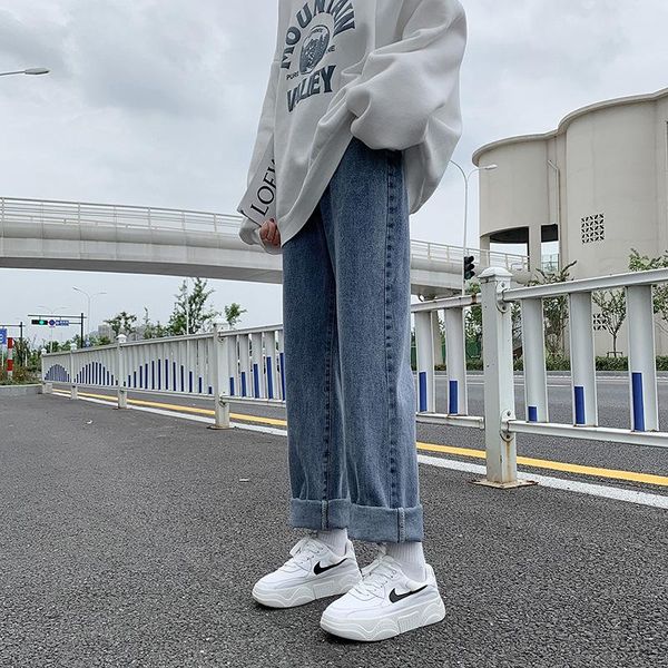 

women's jeans fnoce 2021 pants fashion trends casual high street solid waist slim loose full denim straight, Blue