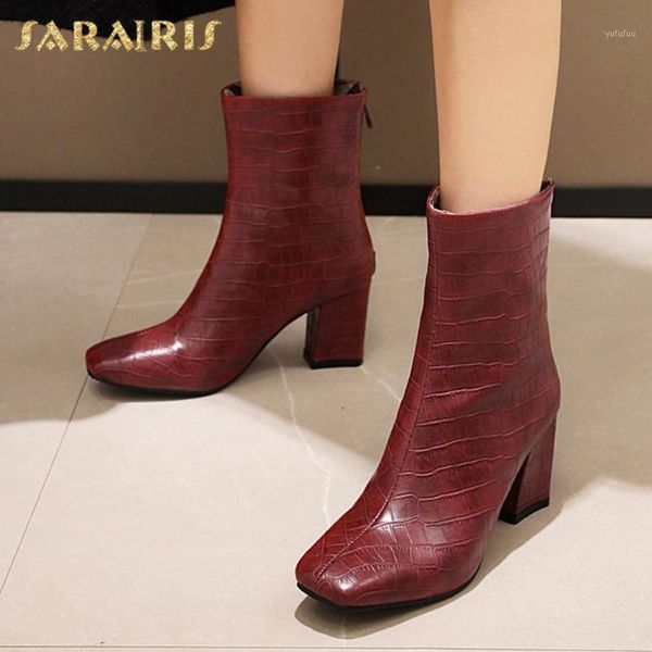 

sarairis 2020 new design plus size 48 chunky high heels shoes ladies boots female zip up square toe spring boots woman shoes1, Black
