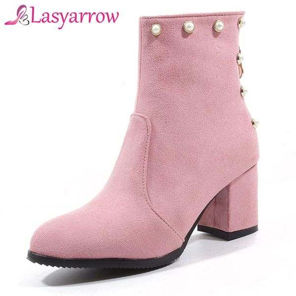 

boots lasyarrow brands shoes women chunky heels women's autumn winter ankle for string beading female sapatos femininas, Black