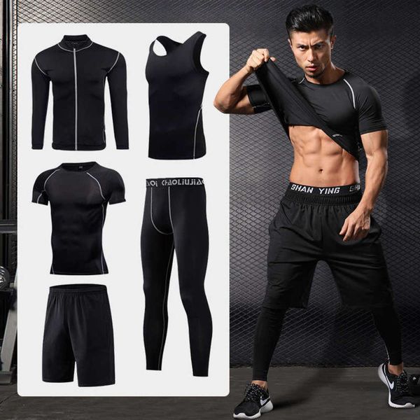

style men's quick dry fitness new sports suit short sleeve tight running clothes 4-5 piece set, Gray