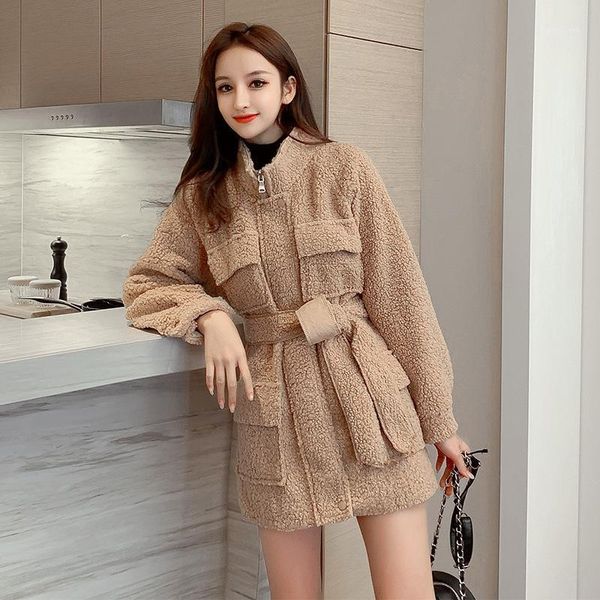 

women fluffy jacket cashmere coat teddy coat with belted winter faux fur female overcoat casual lamb autumn and winter1, Black